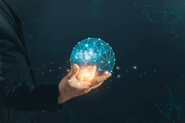 Hologram world and networked connections in the hands of businessmen.Big data analytics and business intelligence concept. Digital link tech.information technology exchange and innovation transform.