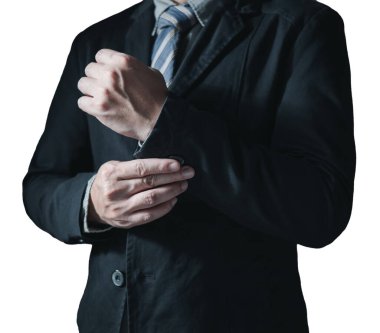 Takım elbiseli bir iş adamının portresi düşünceli, yarım vücutlu ve yüzünü göstermeyen.