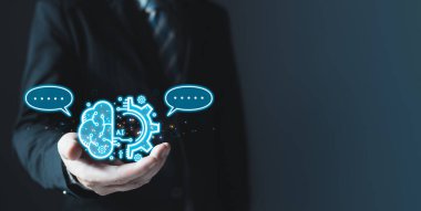 Bir insan beyni Ai çipine sahiptir. Yeni teknoloji büyük veri ve iş süreci stratejisi, müşteri hizmetleri yönetimi. Dijital dönüşüm değişim yönetimi, şeylerin interneti. Bulut bilgisayarı..