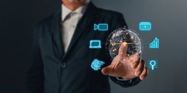 Servis, yapay zeka kavramına göre içerik üretir. İş adamı küresel AI, pazarlama eğitimi, araştırma, analiz medya akışı içerik oluşturma, dijital iş büyütmek için çevrimiçi pazarlama stratejisi.