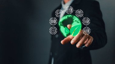 Enerji tasarrufu ve küresel ısınma, iklim değişikliği, ekoloji dostu yatırım, ESG çevre sosyal yönetimi, Yeşil İş İnovasyonu ve Sürdürülebilir Kalkınma kavramını azaltmak için holograma elle dokunun.