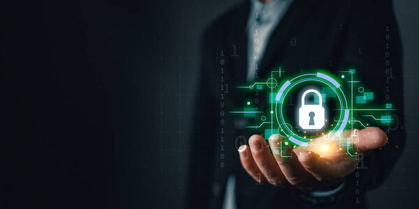 Cybersecurity and privacy protection network security computer and safe data concept. Businessmen protect personal data information from viruses with virtual screen interfaces.