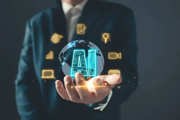 Ai yaratılış içeriği kavramları üretir. Yapay zeka teknolojisi, pazarlamacıların eğitimi, araştırması, analiz edilmesi dijital işlerini büyütmek için internet üzerinden medya video yayınlama stratejileri.