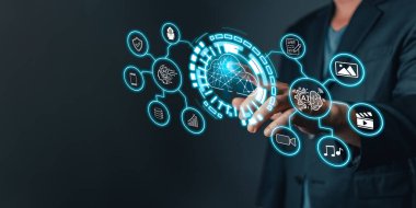 Çeşitli işlevlere bağlı parlayan bulut simgeleriyle profesyonel bir etkileşim, dijital yedekleme ve veri yönetimini sembolize eder, kusursuz ve güvenli işlemler için gelişmiş teknolojiler sergiler.