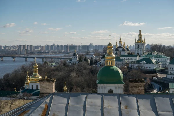 Panoramic View Kyiv Pechersk Lavra Churches Dnieper River High Buildings — Stock Photo, Image
