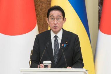 Japonya Başbakanı Fumio Kishida 21 Mart 2023 'te Ukrayna' nın başkenti Kyiv 'de bir basın toplantısı düzenliyor. Yüksek kalite fotoğraf