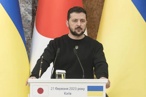 stock image Ukraines President Volodymyr Zelenskyy is holding a news conference in Kyiv, Ukraine on March 21, 2023, amid Russias attack on Ukraine. High quality photo