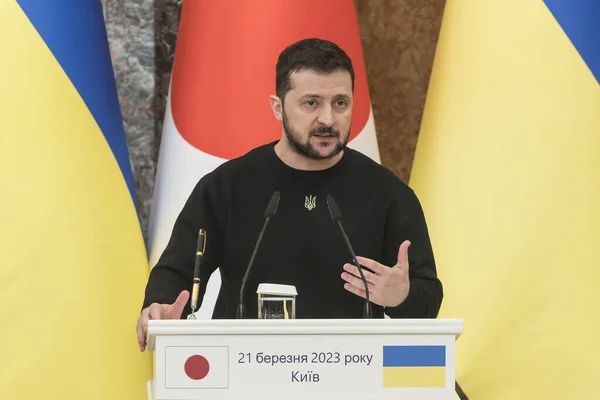 stock image Ukraines President Volodymyr Zelenskyy is holding a news conference in Kyiv, Ukraine on March 21, 2023, amid Russias attack on Ukraine. High quality photo