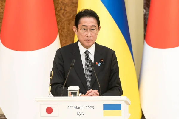 stock image Japanese Prime Minister Fumio Kishida is holding a news conference in Kyiv, Ukraine, on March 21, 2023, amid Russias attack on Ukraine. High quality photo