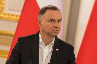 Polonya Cumhurbaşkanı Andrzej Duda, Litvanya Cumhurbaşkanı Gitana Nauseda ve Ukrayna Cumhurbaşkanı Volodymyr Zelenskiy ile 28 Haziran 2023 'te Ukrayna' nın başkenti Kyiv 'de düzenlediği ortak basın toplantısına katıldı. Yüksek kalite fotoğraf