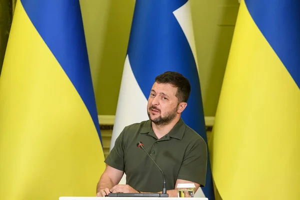 stock image Ukraine's President Volodymyr Zelenskiy during a joint press conference with Prime minister of Finland Antti Petteri Orpo in Kyiv, Ukraine August 23, 2023. High quality photo