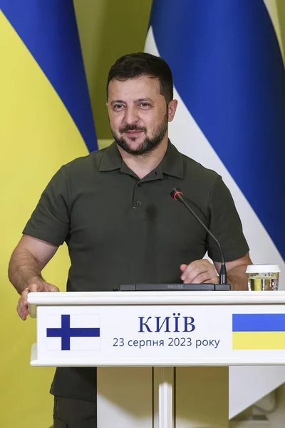 stock image Ukraine's President Volodymyr Zelenskiy during a joint press conference with Prime minister of Finland Antti Petteri Orpo in Kyiv, Ukraine August 23, 2023. High quality photo