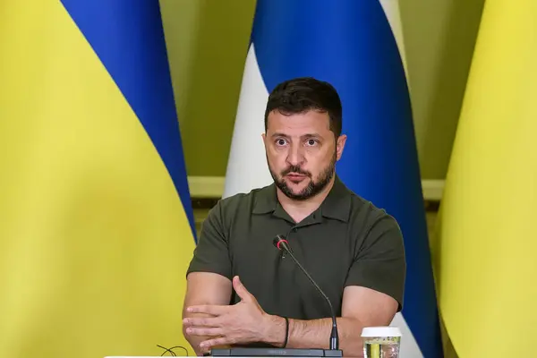 stock image Ukraine's President Volodymyr Zelenskiy during a joint press conference with Prime minister of Finland Antti Petteri Orpo in Kyiv, Ukraine August 23, 2023. High quality photo