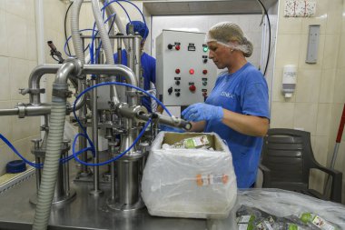 Ukrayna 'nın Kyiv bölgesinde 10 Ağustos 2023' te bir peynir üretim çiftliğinde çalışan bir işçi. Yüksek kalite fotoğraf