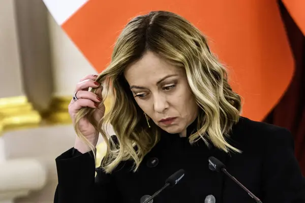 stock image Italian Prime Minister Giorgia Meloni is attending a joint press conference with Ukraines President Volodymyr Zelenskiy in Kyiv, Ukraine, on February 24, 2024. High quality photo