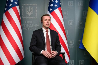ABD Beyaz Saray Ulusal Güvenlik Danışmanı Jake Sullivan 20 Mart 2024 'te Ukrayna' nın başkenti Kyiv 'e yaptığı ziyarette. Yüksek kalite fotoğraf