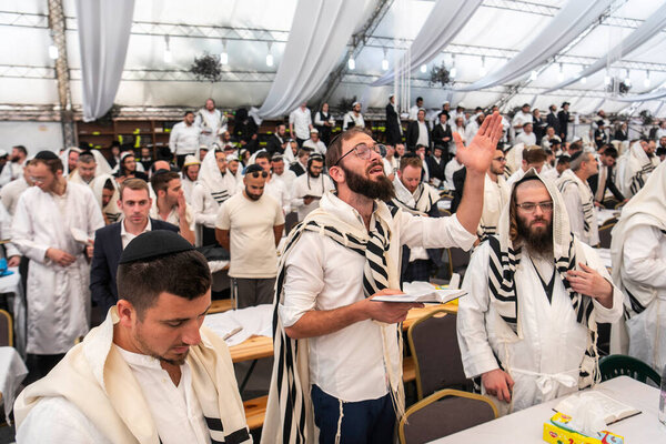 Ultra-Orthodox Jewish Hasids pilgrims pray in a synagogue near tomb of Rabbi Nachman on the eve of Rosh Hashanah holiday, Jewish New Year, amid Russia continues the war in Ukraine. Uman, 16-09-2023.