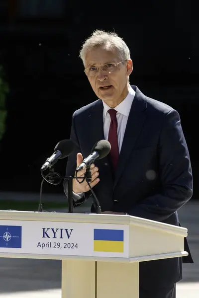 stock image NATO Secretary-General Jens Stoltenberg attends a joint press conference with Ukraine's President Volodymyr Zelenskiy, amid Russia's attack on Ukraine, in Kyiv, Ukraine, April 29, 2024
