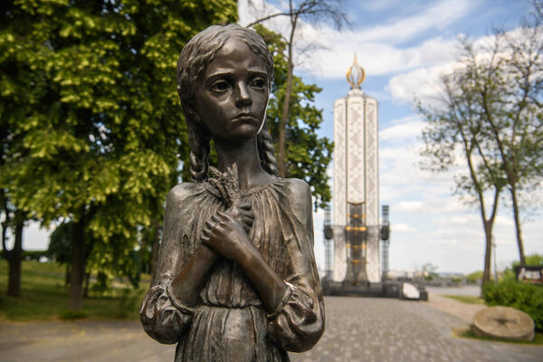 Fragment of Memorial to the victims of the Holodomor, dedicated to victims of the Holodomor, big hunger in Ukraine, 1932 - 1933. Kyiv, Ukraine. May 27, 2024. High quality photo