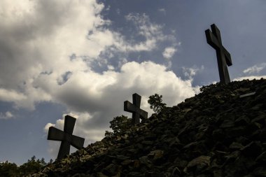 Siyasi baskı mağdurlarına adanmış anıt kompleksinin topraklarındaki haçlar. Bykivnia köyü, Kyiv yakınlarında, Ukrayna 2024, 19 Mayıs. Yüksek kalite fotoğraf