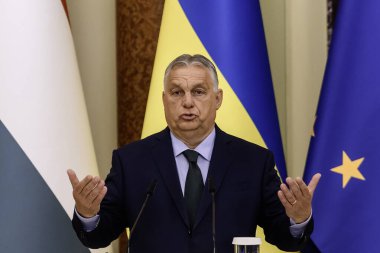 Macaristan Başbakanı Viktor Orban Ukrayna Cumhurbaşkanı Volodymyr Zelenskiy ile 2 Temmuz 2024 'te Ukrayna' nın Kyiv kentinde düzenlediği ortak basın toplantısına katılacak. Yüksek kalite fotoğraf