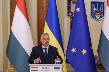 Macaristan Başbakanı Viktor Orban Ukrayna Cumhurbaşkanı Volodymyr Zelenskiy ile 2 Temmuz 2024 'te Ukrayna' nın başkenti Kyiv 'de düzenlediği ortak basın toplantısına katılacak. Yüksek kalite fotoğraf