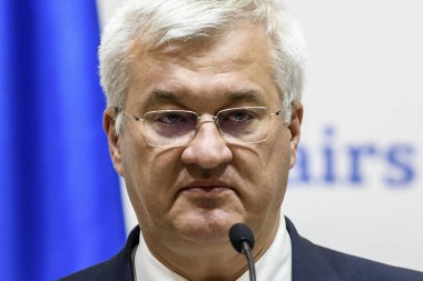 Ukrayna Dışişleri Bakanı Andrii Sybiha 11 Eylül 2024 tarihinde Ukrayna 'nın Kyiv kentinde Dışişleri Bakanlığı' nda düzenlediği basın toplantısında konuştu. Yüksek kalite fotoğraf