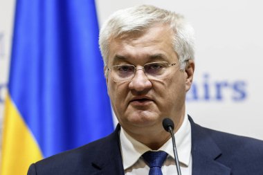 Ukrayna Dışişleri Bakanı Andrii Sybiha 11 Eylül 2024 tarihinde Ukrayna 'nın Kyiv kentinde Dışişleri Bakanlığı' nda düzenlediği basın toplantısında konuştu. Yüksek kalite fotoğraf