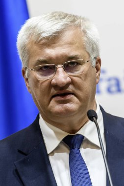 Ukrayna Dışişleri Bakanı Andrii Sybiha 11 Eylül 2024 tarihinde Ukrayna 'nın Kyiv kentinde Dışişleri Bakanlığı' nda düzenlediği basın toplantısında konuştu. Yüksek kalite fotoğraf