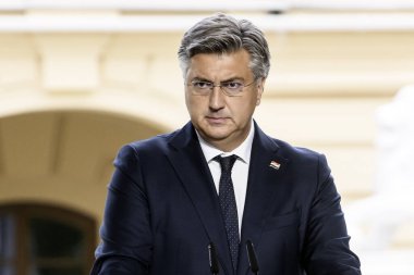 Hırvatistan Başbakanı Andrej Plenkoviç 11 Eylül 2024 'te Ukrayna' nın Kyiv kentinde düzenlenen basın toplantısına katıldı. Yüksek kalite fotoğraf
