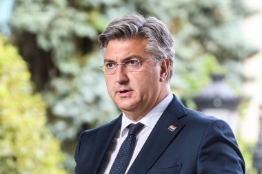 Hırvatistan Başbakanı Andrej Plenkoviç 11 Eylül 2024 'te Ukrayna' nın Kyiv kentinde düzenlenen basın toplantısına katıldı. Yüksek kalite fotoğraf