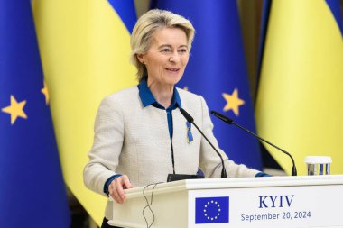 European Commission President Ursula Von Der Leyen speaks during a joint press conference with Ukrainian President Volodymyr Zelenskiy in Kyiv, Ukraine, on September 20, 2024. High quality photo clipart