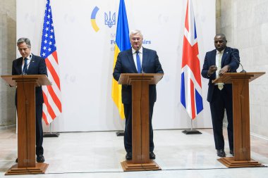 U.S. Secretary of State Antony Blinken, Britain Foreign Secretary David Lammy, and Ukraine Foreign Minister Andrii Sybiha attend a joint press conference in Kyiv, Ukraine, September 11, 2024 clipart