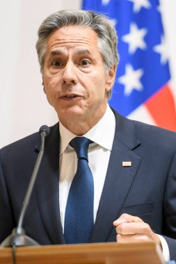 ABD Dışişleri Bakanı Antony Blinken 11 Eylül 2024 'te Ukrayna' nın başkenti Kyiv 'de düzenlenen basın toplantısında bir konuşma yaptı. Yüksek kalite fotoğraf