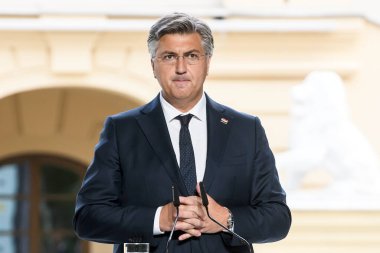 Hırvatistan Başbakanı Andrej Plenkoviç 11 Eylül 2024 'te Ukrayna' nın Kyiv kentinde düzenlenen basın toplantısına katıldı. Yüksek kalite fotoğraf