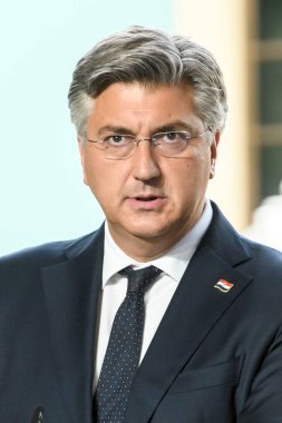 Hırvatistan Başbakanı Andrej Plenkoviç 11 Eylül 2024 'te Ukrayna' nın Kyiv kentinde düzenlenen basın toplantısına katıldı. Yüksek kalite fotoğraf
