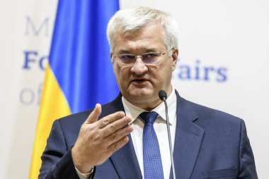 Foreign Minister of Ukraine Andrii Sybiha speaks during a press conference at the Ministry of Foreign Affairs in Kyiv, Ukraine, September 11, 2024. High quality photo clipart