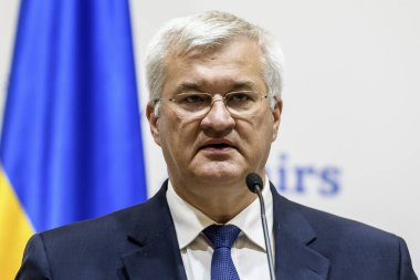 Ukrayna Dışişleri Bakanı Andrii Sybiha 11 Eylül 2024 tarihinde Ukrayna 'nın Kyiv kentinde Dışişleri Bakanlığı' nda düzenlediği basın toplantısında konuştu. Yüksek kalite fotoğraf