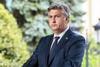 Hırvatistan Başbakanı Andrej Plenkoviç 11 Eylül 2024 'te Ukrayna' nın Kyiv kentinde düzenlenen basın toplantısına katıldı. Yüksek kalite fotoğraf