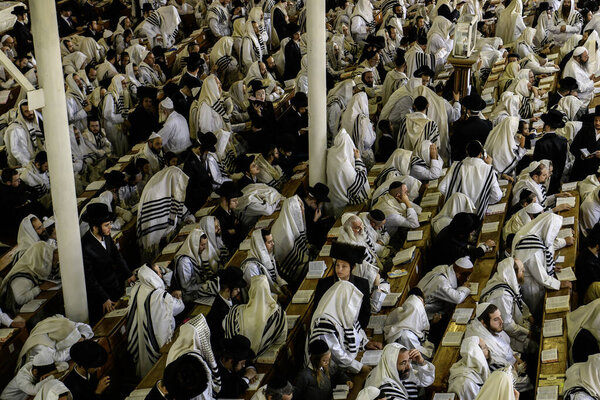 Ultra-Orthodox Jewish Hasids pilgrims pray in Synagogue of Bratslav Hasidim close to tomb of Rabbi Nachman on the eve of Rosh Hashanah holiday, Jewish New Year, in Uman, Ukraine 17-09-2023. 