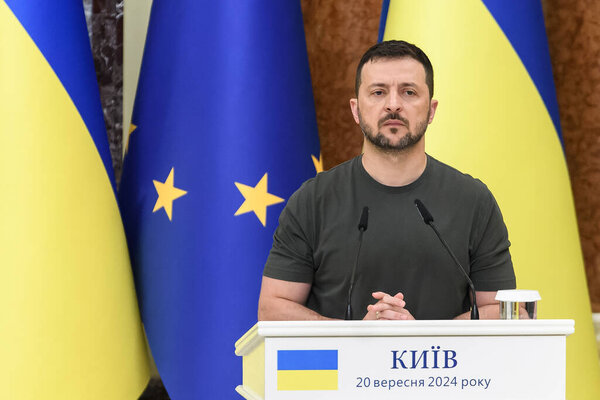 Президент Украины Владимир Зеленский во время совместной пресс-конференции с президентом Европейской комиссии Урсулой фон дер Лейен в Киеве, Украина, 20 сентября 2024 года. Высокое качество фото