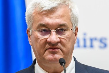Ukrayna Dışişleri Bakanı Andrii Sybiha 11 Eylül 2024 tarihinde Ukrayna 'nın Kyiv kentinde Dışişleri Bakanlığı' nda düzenlediği basın toplantısında konuştu. Yüksek kalite fotoğraf
