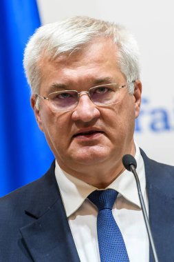 Ukrayna Dışişleri Bakanı Andrii Sybiha 11 Eylül 2024 tarihinde Ukrayna 'nın Kyiv kentinde Dışişleri Bakanlığı' nda düzenlediği basın toplantısında konuştu. Yüksek kalite fotoğraf