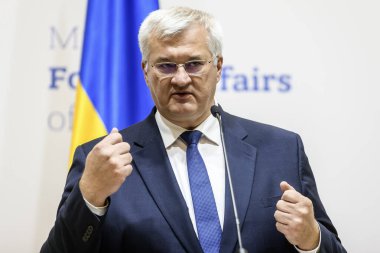 Foreign Minister of Ukraine Andrii Sybiha speaks during a press conference at the Ministry of Foreign Affairs in Kyiv, Ukraine, September 11, 2024. High quality photo clipart