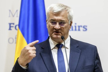 Foreign Minister of Ukraine Andrii Sybiha speaks during a press conference at the Ministry of Foreign Affairs in Kyiv, Ukraine, September 11, 2024. High quality photo clipart