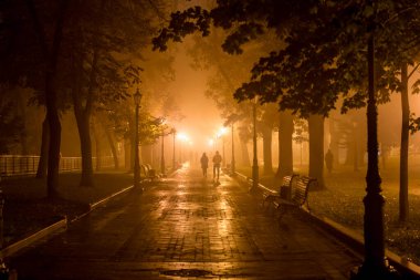 Sisli havada, eski parkın arka sokağının akşam manzarası. Yüksek kalite fotoğraf