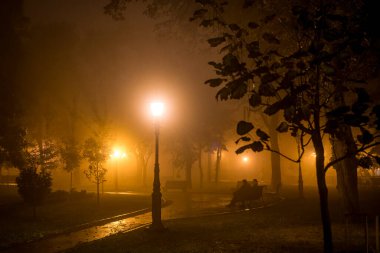 Sisli havada, eski parkın arka sokağının akşam manzarası. Yüksek kalite fotoğraf