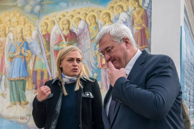 Ukraines Foreign Minister Andrii Sybiha and Finnish Foreign Minister and the OSCE Chair for 2025 Elina Valtonen walk outside of the Saint Michaels Cathedral in Kyiv, Ukraine, on January 8, 2025 clipart