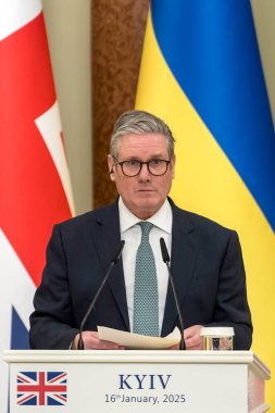 Keir Starmer, Prime Minister of the United Kingdom, attends a joint press conference with Ukraine's President Volodymyr Zelenskiy in Kyiv, Ukraine, on January 16, 2025. High quality photo clipart