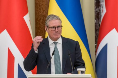 Birleşik Krallık Başbakanı Keir Starmer, Ukrayna Cumhurbaşkanı Volodymyr Zelenskiy ile 16 Ocak 2025 tarihinde Ukrayna 'nın Kyiv kentinde düzenlediği ortak basın toplantısına katıldı. Yüksek kalite fotoğraf